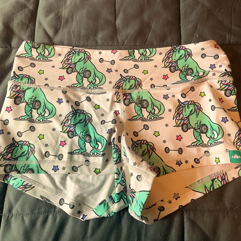 WODBottom CrossFit Shorties in white/Unicorn print. Size small